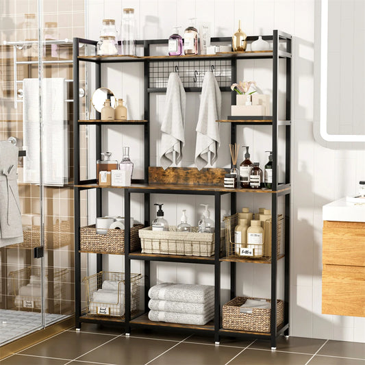 5-Laags Baker's Rack – Keukenrek – Opbergrek – Magnetronrek – Industriële Stelling – 120x30x170 cm – Metaal met MDF – 6 Haken en Anti-Kantelbeveiliging - QUORE