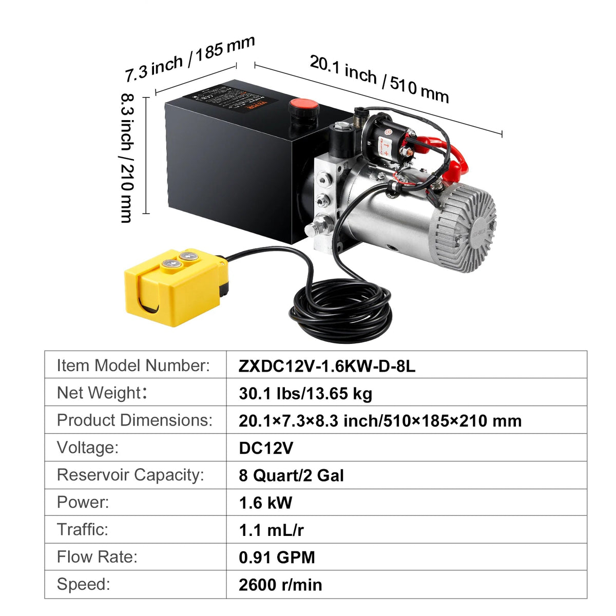 Vevor - Hydraulic Pump - 8 quart - Dump Trailer Pump - Single Acting - Hydraulic Unit - 3200 PSI Max Relief Pressure Car Lift - Black