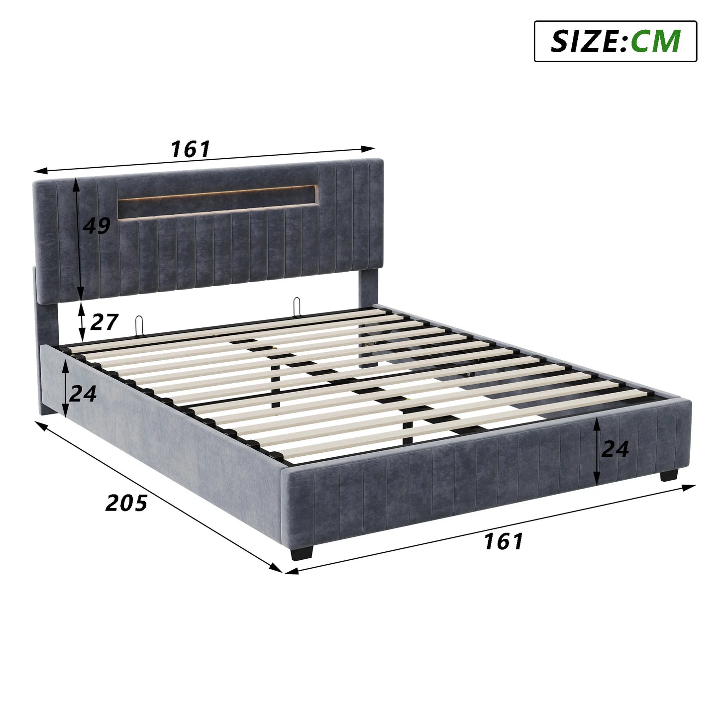Polsterbed – Gestoffeerd Bed – Tweepersoonsbed – Opbergbed – Lattenbodem – 140x200 cm – Fluwelen Hoofdbord Met LED-Verlichting – Hydraulische Opbergruimte