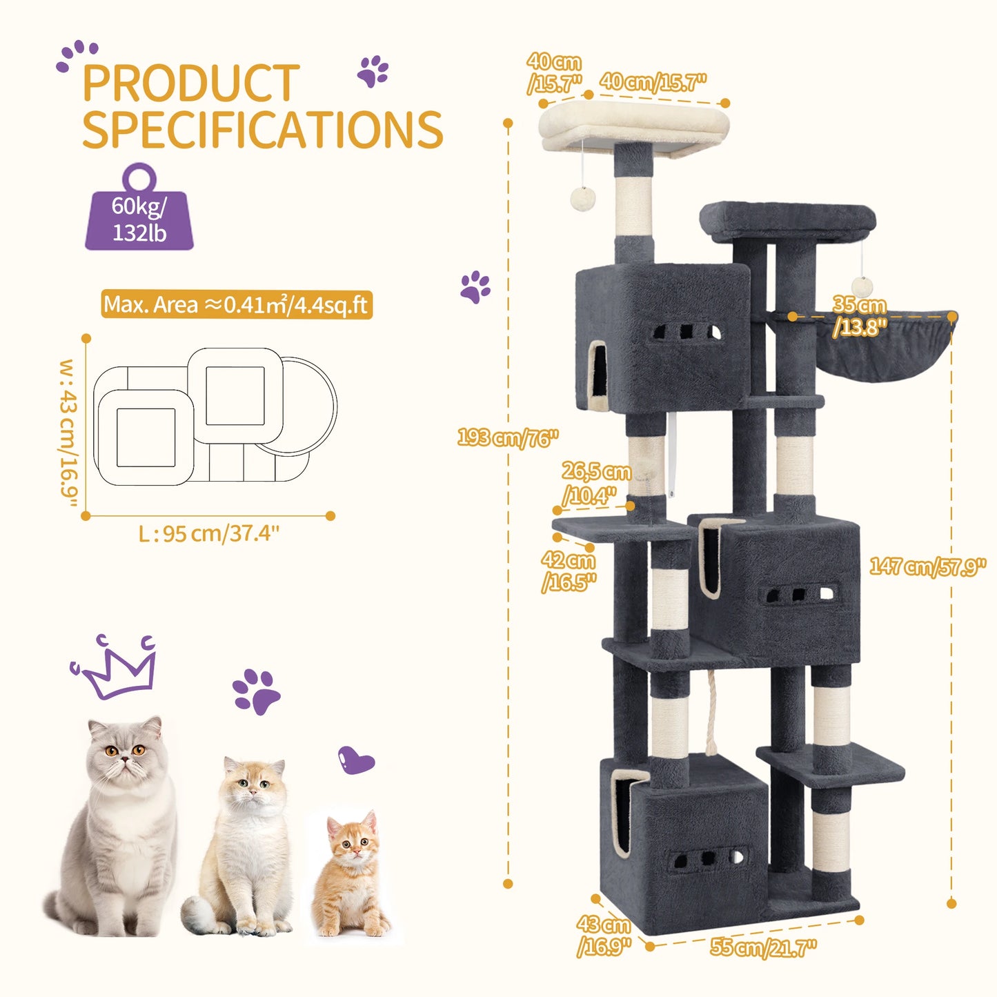 193cm Large Cat Tree, XXL Cat Climbing Frame, 7-Tier Cat Tree with 7 Scratching Posts, 3 Caves, 3 Pom Poms, and 2 Platforms