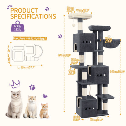 193cm Large Cat Tree, XXL Cat Climbing Frame, 7-Tier Cat Tree with 7 Scratching Posts, 3 Caves, 3 Pom Poms, and 2 Platforms