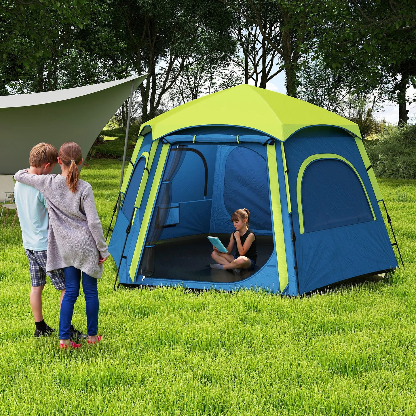 Koepeltent – Buitentent – Kampeertent – Tent Voor 3-4 Personen – Water- En Uv-Bestendig Polyester – Lichtgewicht En Compact - Wit en Beige - QUORE