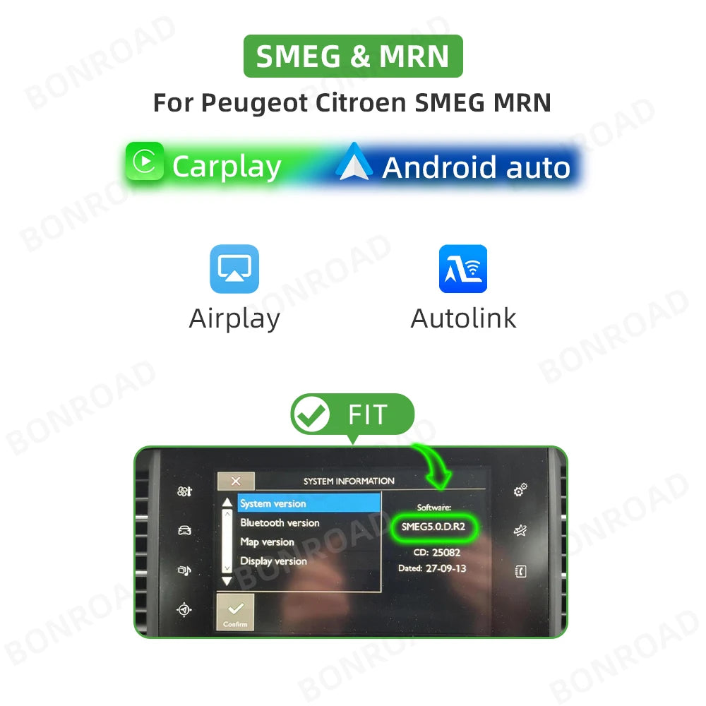 Draadloze CarPlay Adapter – Android Auto Interface – Bluetooth Connector – Mirror Link – Peugeot Citroën SMEG MRN Versie – Draadloze Verbinding – Plug & Play Installatie