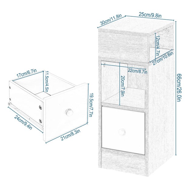 Nachtkastje - Nachtkastjes Set van 2 - Nachtkastjes Modern - 2 - Open Planken 1 Lade - 25x66x30cm - Slank Klein Opbergkastje Nachtkastje Ruimte - Donkergrijs