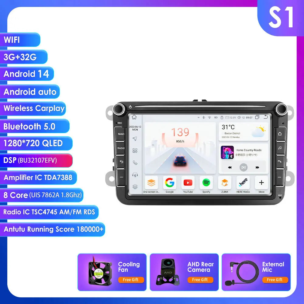 Multimedia Autoradio – Carplay Radio – Android Auto Headunit – GPS Navigatie System – Double Din – 8-Inch Touchscreen – 4 GB RAM 64 GB Opslag