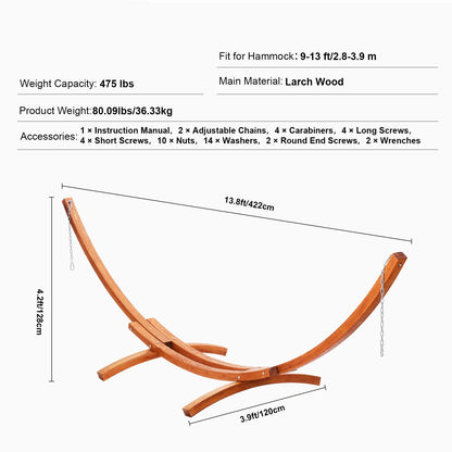 Houten Hangmatstandaard - Frame Stand - Heavy-duty Houten - voor 9-13ft Hangmatten - Tuinhangmat - Snaar - Capaciteit van 475 lbs -  Verstelbare Standaard - 422 x 120 x 128 cm - Bruin