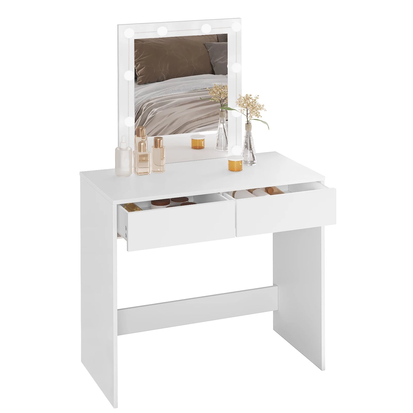 Kaptafel - met Spiegel - Cosmetic - Make Up - met 10 Dimbare LED Lampen - 80x132.5x39.5cm - met 2 Lades  - Opbergkast - Wit