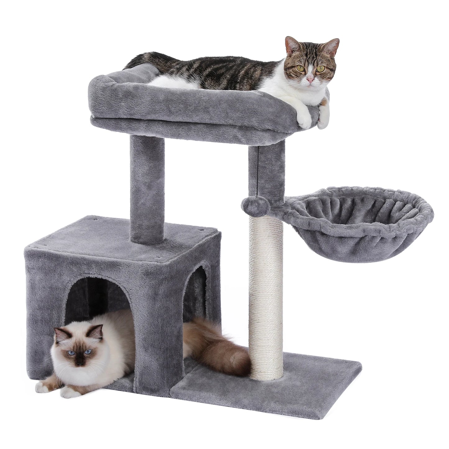 Krabpaal - voor Katten – Kattenboom - met Sisalpalen - Diepe Hangmat - Kattenhuis - Uitkijkplateau – Compact Kattenmeubel - voor Kleine Katten - Kittens - Grijs