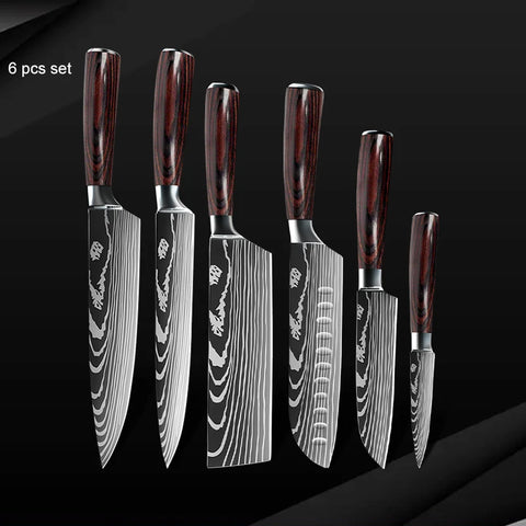 Keukenmessen - Knife set - Chef Knife - Knives - Kitchen Knife - Roestvrij staal met hoog koolstofgehalte - Damascus-tekening - Hakmesset - Santoku-koksmes - 10stuks