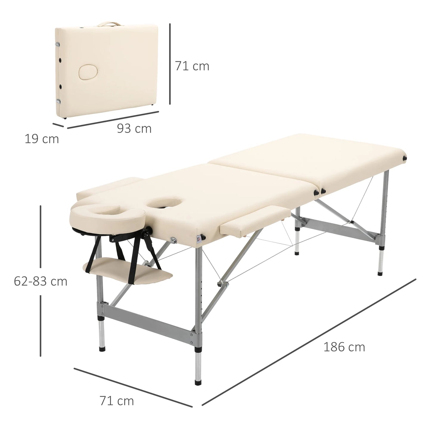 Massagetafel - Massagetafel Inklapbaar - Verstelbare Hoogte - 186x71x83cm - Aluminium Frame - Draagbaar - en Comfortabel - Dikke Kussen - Beige - QUORE