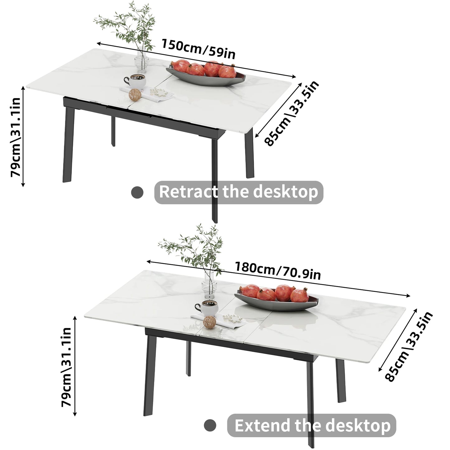 Uitschuiftafel – Eettafel – Uitbreidbare Tafel – Dinertafel – Keukentafel – Sintersteen Tafelblad – Metalen Onderstel – 180 cm – Voor 8-10 Personen