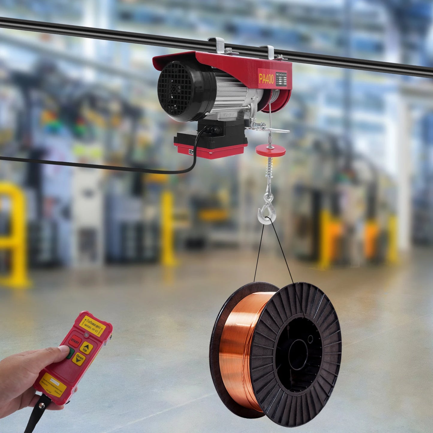 Elektrische Takel – Elektrische Kraan – Hefmachine – Takelset – Hijskraan – Rood – 850W Krachtige Motor – Draadloze Afstandsbediening Tot 80 Meter