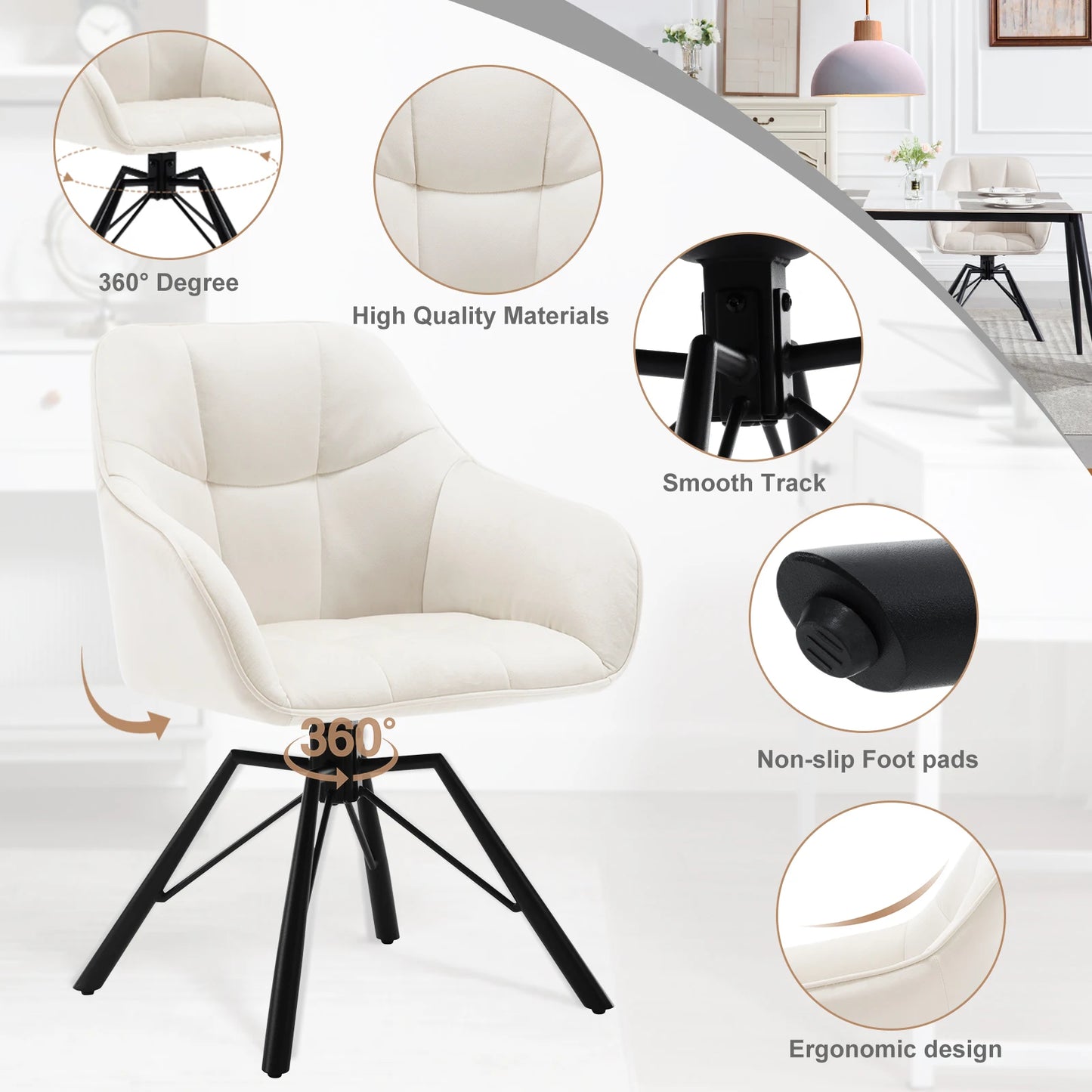 Draaibare Eetkamerstoel – Set van 2 - Eetkamerstoel – Stoel – Draaistoel – Comfortabel – Velvet Bekleding – 360° Draaibare Zitting - Fluweel - Crème - QUORE