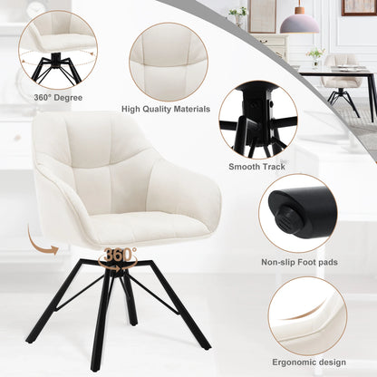 Draaibare Eetkamerstoel – Set van 2 - Eetkamerstoel – Stoel – Draaistoel – Comfortabel – Velvet Bekleding – 360° Draaibare Zitting - Fluweel - Crème - QUORE