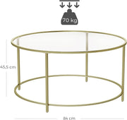Ronde Salontafel - Glazen Tafelblad met Gouden IJzeren Frame - Robuuste Koffietafel - Modern Retro Design - Woonkamer Accessoire - Goud