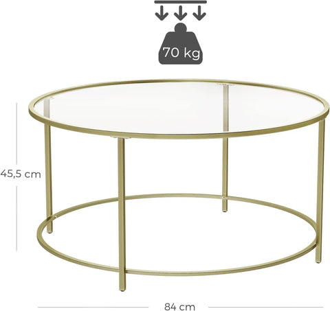 Ronde Salontafel - Glazen Tafelblad met Gouden IJzeren Frame - Robuuste Koffietafel - Modern Retro Design - Woonkamer Accessoire - Goud