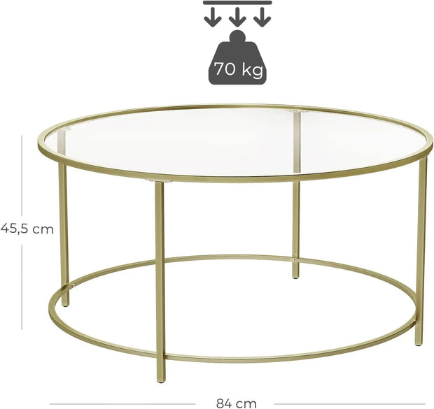 Ronde Salontafel - Glazen Tafelblad met Gouden IJzeren Frame - Robuuste Koffietafel - Modern Retro Design - Woonkamer Accessoire - Goud