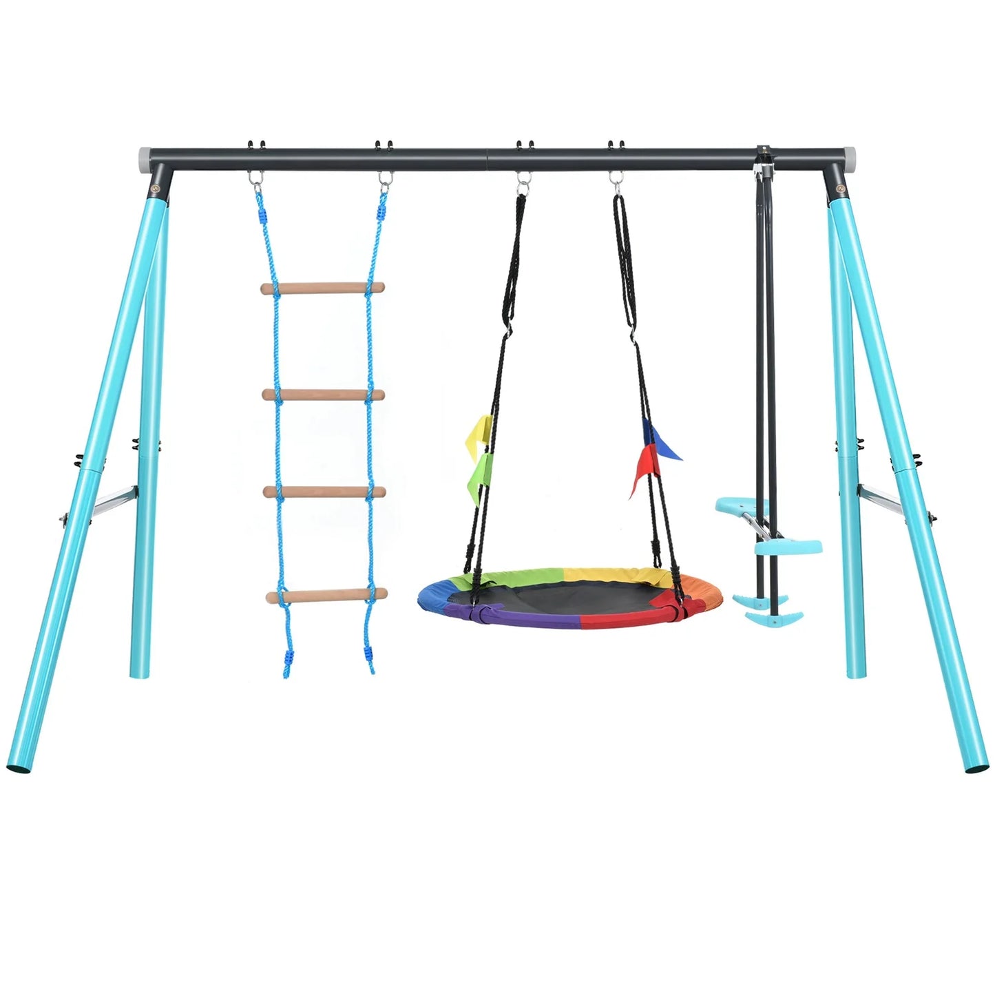 Speeltoestel – Buitenspeelset – Klimrek – Schommel – Speelset Kinderen – Metalen Frame – Verstelbare Nestschommel - 287 x 180 x 188 cm - Blauw
