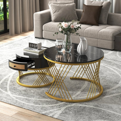 Salontafel – Bijzettafel – Opbergtafel – Woonkamertafel – Compact – Marmerlook Blad – Opberglade - Zwart