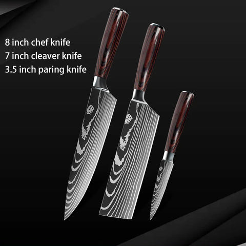 Keukenmessen - Knife set - Chef Knife - Knives - Kitchen Knife - Roestvrij staal met hoog koolstofgehalte - Damascus-tekening - Hakmesset - Santoku-koksmes - 7stuks