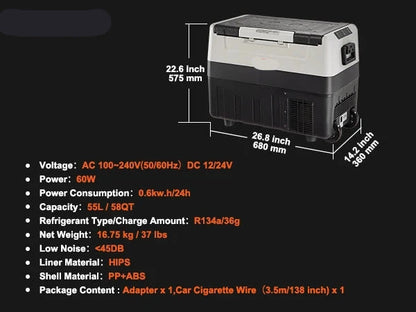 Auto Koelbox - Compressor Koelbox - Compressor Koelkast - Koelbox - 55L- Dual Zone - Mini Vriezer - -20°C tot 20°C - 12V/24V & 230V - Voor Auto - Camper - en Camping