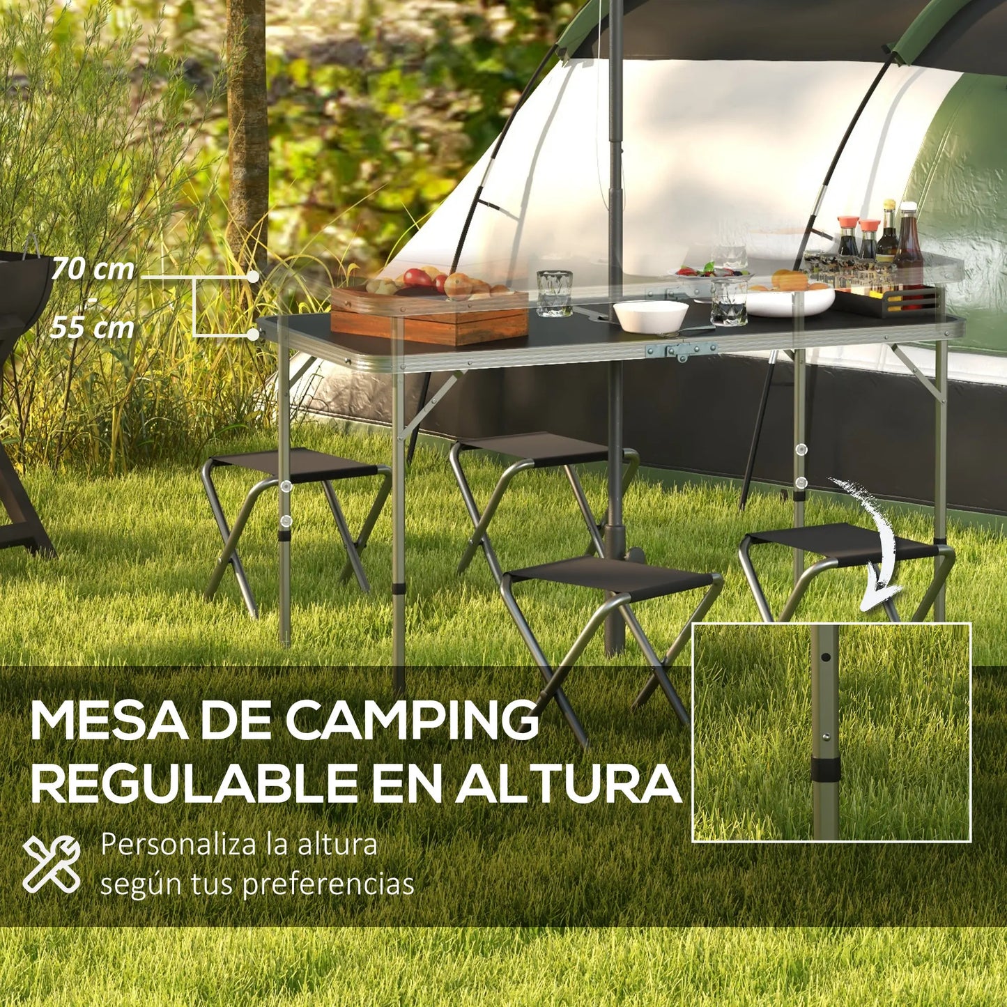 Vouwbare Campingtafel met Stoelen Set - 5-delige Zwart - Verstelbare Hoogte en Umbrella Hole - QUORE