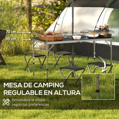 Vouwbare Campingtafel met Stoelen Set - 5-delige Zwart - Verstelbare Hoogte en Umbrella Hole - QUORE