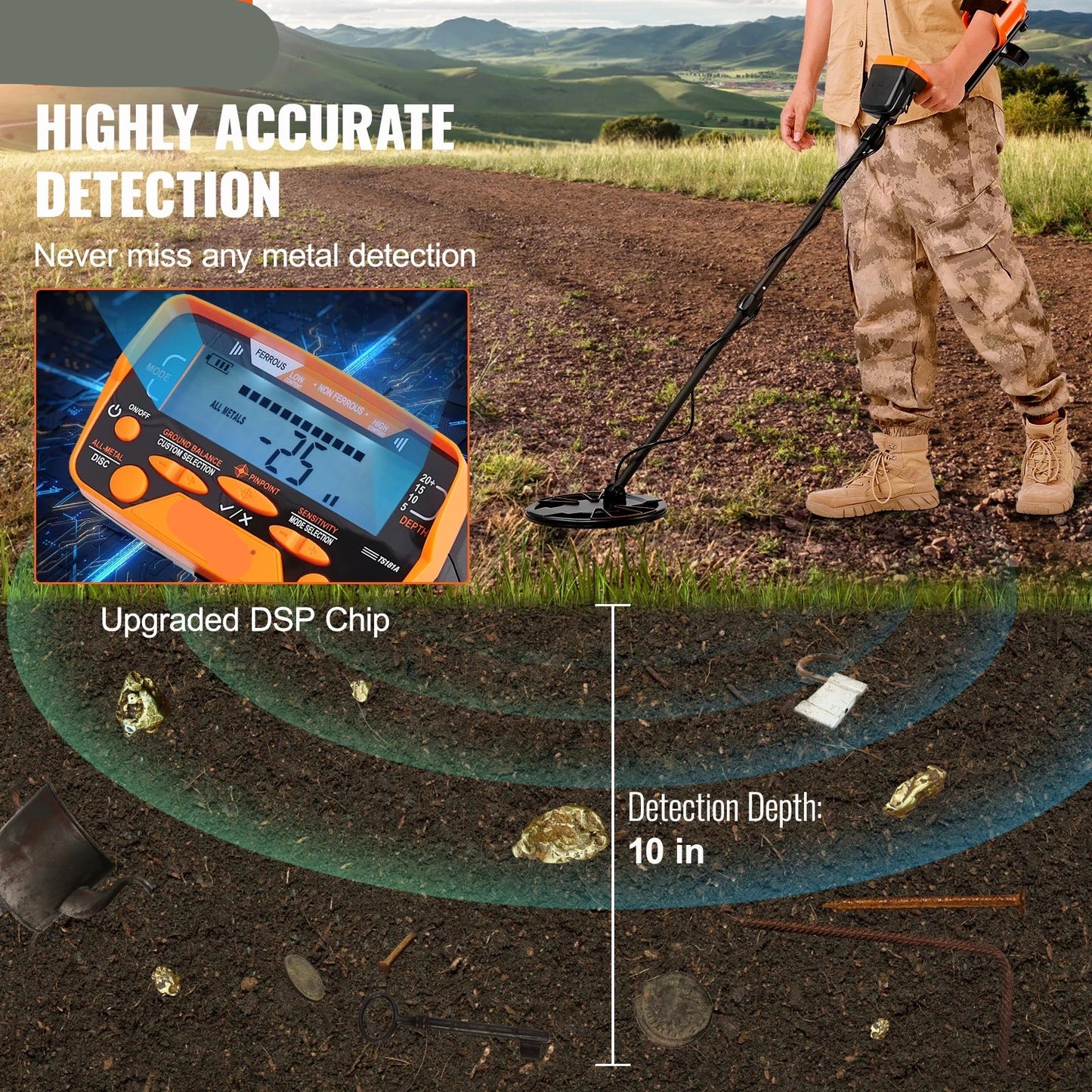 Metaaldetector - Professionele Metaaldetector - Onder Water Metaaldetector - Metaalzoekapparaat - LCD Display - IP68 Waterdichte Spoel - 7 Modi - Verstelbare Steel - 181A - Inclusief Accessoires