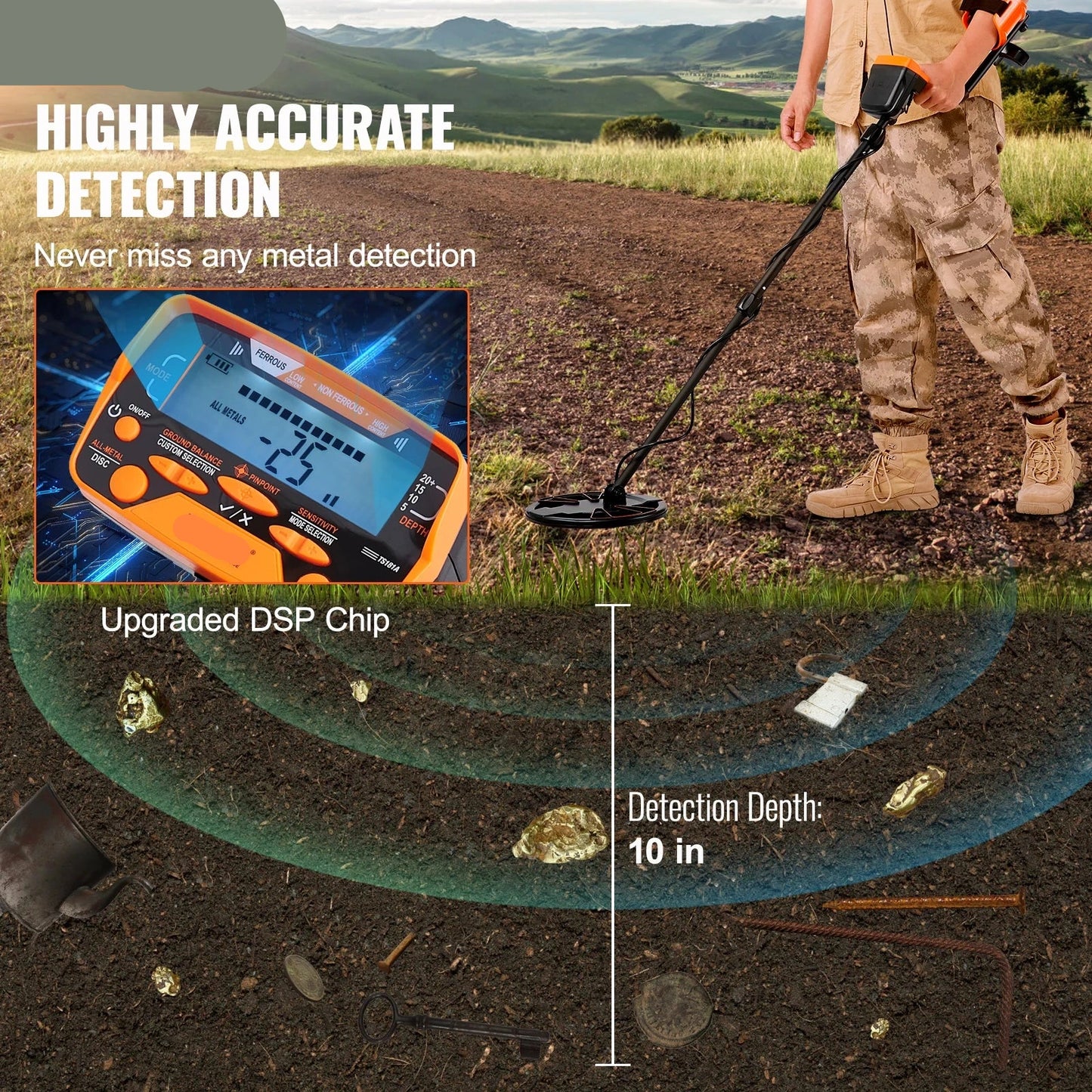 Metaaldetector - Professionele Metaaldetector - Onder Water Metaaldetector - Metaalzoekapparaat - 7 Modi - LCD Display - IP68 Waterdichte Spoel - Verstelbare Steel - 181A - Inclusief Accessoires
