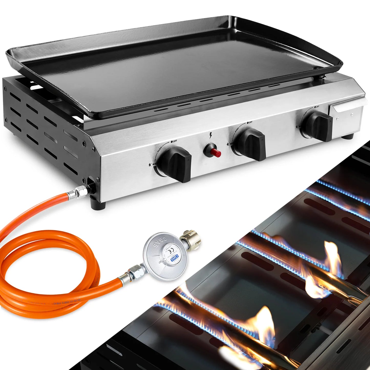 3-Pits Gasbarbecue – Compacte Grill – Tafelbarbecue – Buitenbarbecue – Gietijzeren Grillplaat 57x36 Cm – Roestvrijstalen Branders – Inklapbare Poten