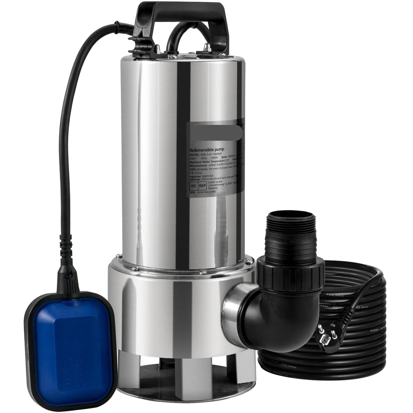 Dompelpomp - Waterpomp - Pomp - Vuilwaterpomp - 1300W - RVS - 20000L/H - met 10 Meter Snoer - voor Kelder, Zwembad en Vijver