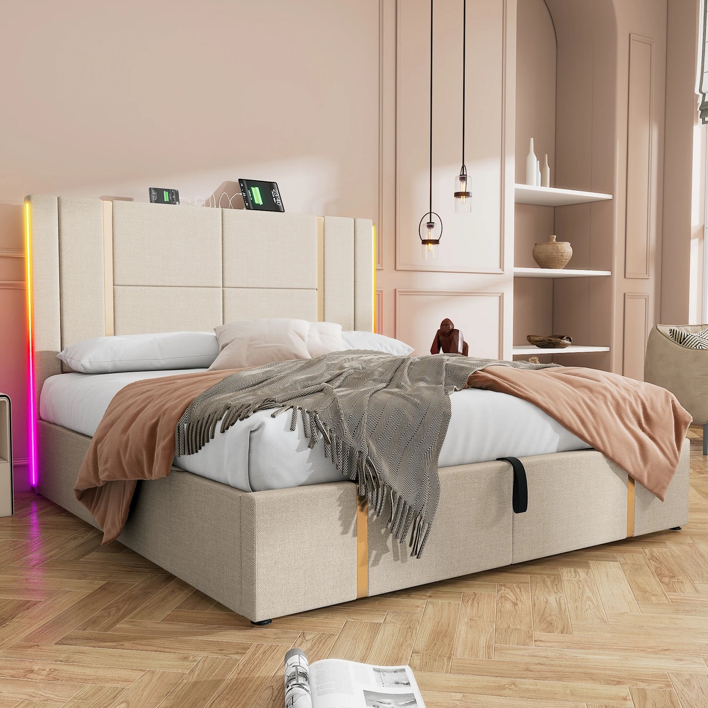 KOMHTOM Double bed USB Type C charging function APP control LED storage bed rack linen material without mattress - QUORE