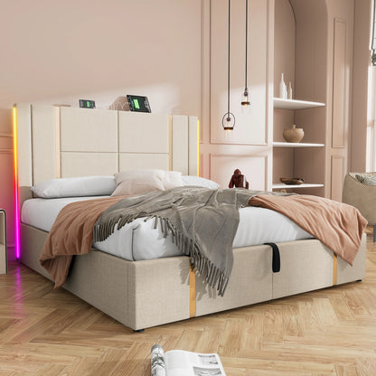 Led Bed – Tweepersoonsbed – Opbergbed – Gestoffeerd Bed – Boxspring – 160x200 cm – Linnen Hoofdbord – USB Type-C Oplaadfunctie met RGB LED Verlichting - QUORE