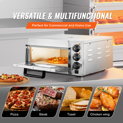 Pizzaoven - Elektrische Pizzaoven - Multifunctionele Pizzamaker - Enkeldekslaag - met Steen - Handvat - 14inch - 51.7 x 47 x 26.6 cm - Zilver