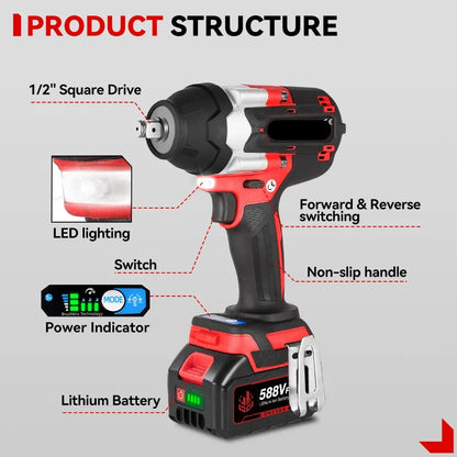 Slagmoersleutel - Slagmoermachine - Slagschroevendraaier - 1800Nm - 1/2 Inch - Krachtige - Brushless -  Zonder Accu – Voor 21V/18V Batterij - Rood - QUORE