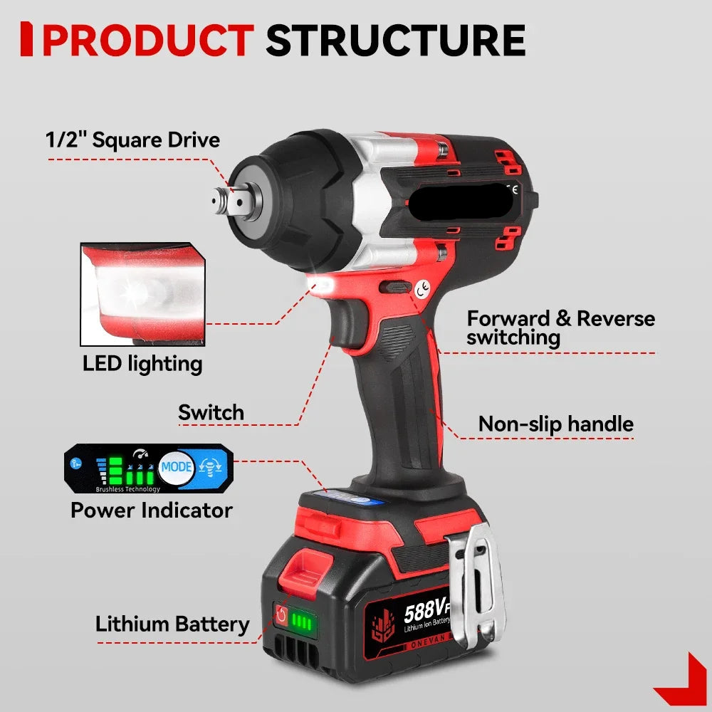 Slagmoersleutel - Slagmoermachine - Slagschroevendraaier - 1800Nm - 1/2 Inch - Krachtige - Brushless - met 2 Accu’s & EU Lader – Voor 21V/18V Batterijen - Rood - QUORE
