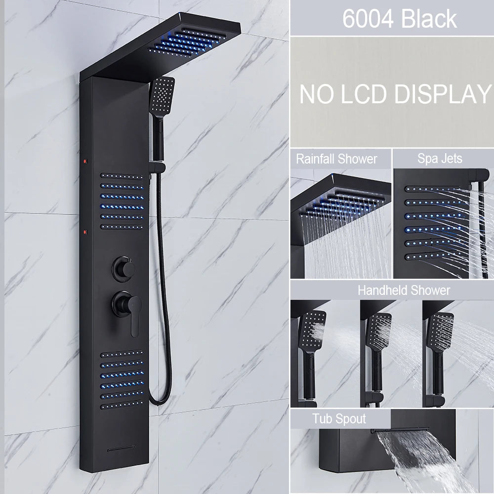 Douche - Regendouche - Douchewand - Douchekolom - Douchepanelen - Mat Zwarte LED Douchezuil - Waterval & Regendouche - Massagejets - Dubbele Bediening - Zwart - QUORE