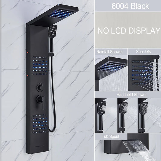 Douche - Regendouche - Douchewand - Douchekolom - Douchepanelen - Mat Zwarte LED Douchezuil - Waterval & Regendouche - Massagejets - Dubbele Bediening - Zwart - QUORE