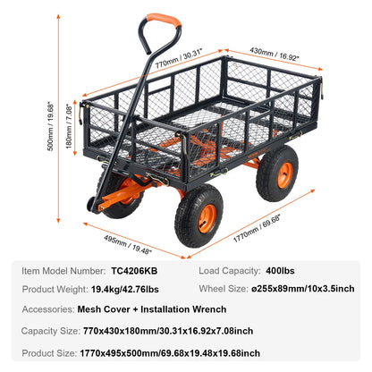 Tuinwagen - met Kantelfunctie - Kar - Transport - Boodschappen - StrandBolder - Opvouwbare - Heavy-duty - Draagbare - 180kg Laadvermogen - met 10" Wielen - en Verwijderbare Zijkanten