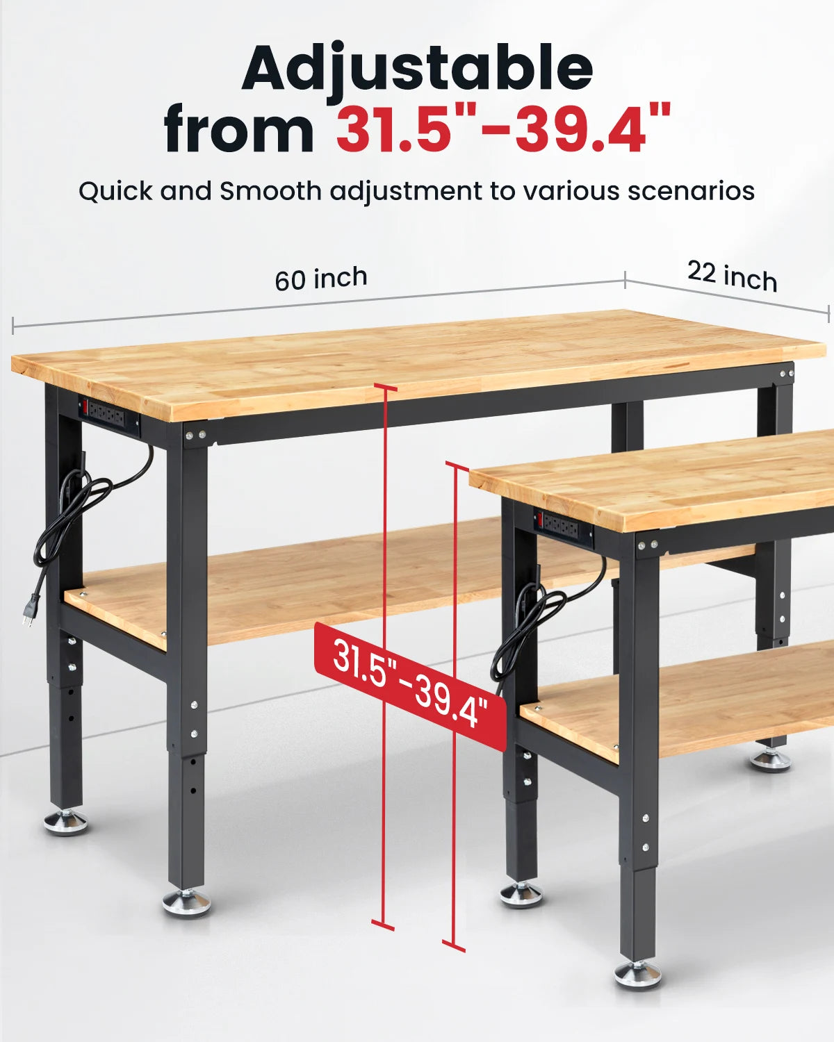 Verstelbare Werkbank - Werktafel - Industriële Werkbank - 60inch - Rubberen Houten Werktafel - met Metalen Pegboard - en 2-Laags Opslag - Grote Werktafel - voor Houtbewerking - en Klussen