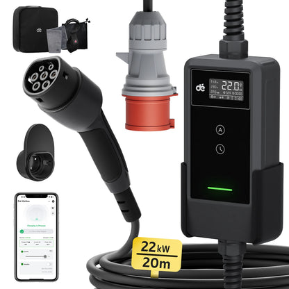Draagbare Ev-Lader – Elektrische Auto Oplader – Mobiele Laadkabel – Snellader – Type 2 Oplaadstation – 20M Basic Set – 22KW 3-Fase Laadvermogen – Weerbestendige IP66 Behuizing
