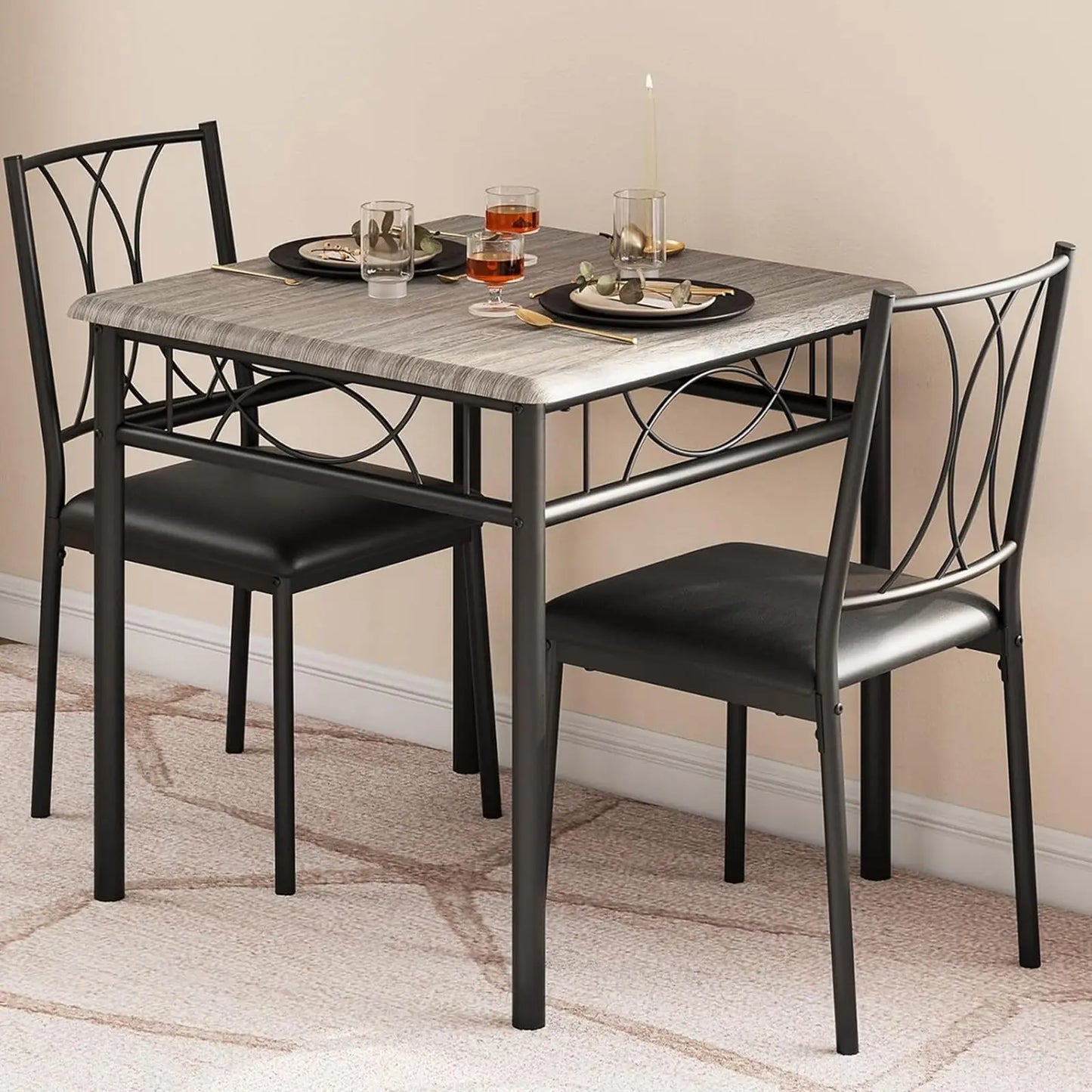 3-Piece Wood Dining Table Set for 2, Compact Square Kitchen Table Set with 2 Upholstered Chairs, Space-Saving Dining Table Set f