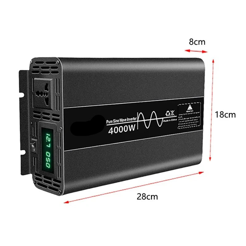 Power Inverter – Spanningsomzetter – Mobiele Stroomvoorziening – 12V Naar 220V – Puur Sinusgolf – 4000W Vermogen – LCD-Display