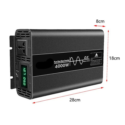 Power Inverter – Spanningsomzetter – Mobiele Stroomvoorziening – 12V Naar 220V – Puur Sinusgolf – 4000W Vermogen – LCD-Display
