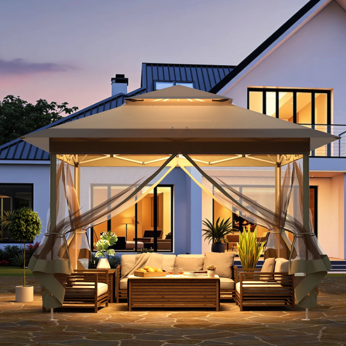 Tuinpaviljoen – Tuinoverkapping – Partytent – Schaduwdoek – Moskitonet – Waterdicht Polyester – Verstelbare Hoogte Tot 291 Cm