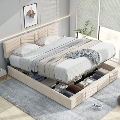Fluwelen Bed – Velvet Bed – Luxe Bed – Slaapbed – Beige Bed – Verstelbare Hoofdsteun – Robuuste Houten Lattenbodem - QUORE