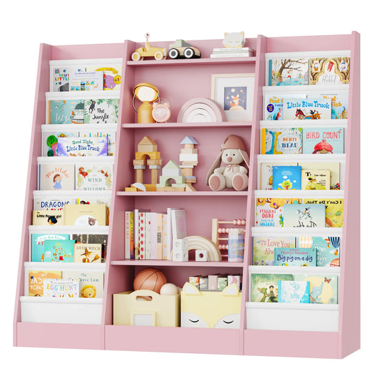Kinderboekenkast – Kinderrek – Boekenkast – Speelgoedkast – Opbergkast – Roze Variant – 14 Planken – Stevig Hout 129,5x120x35 cm