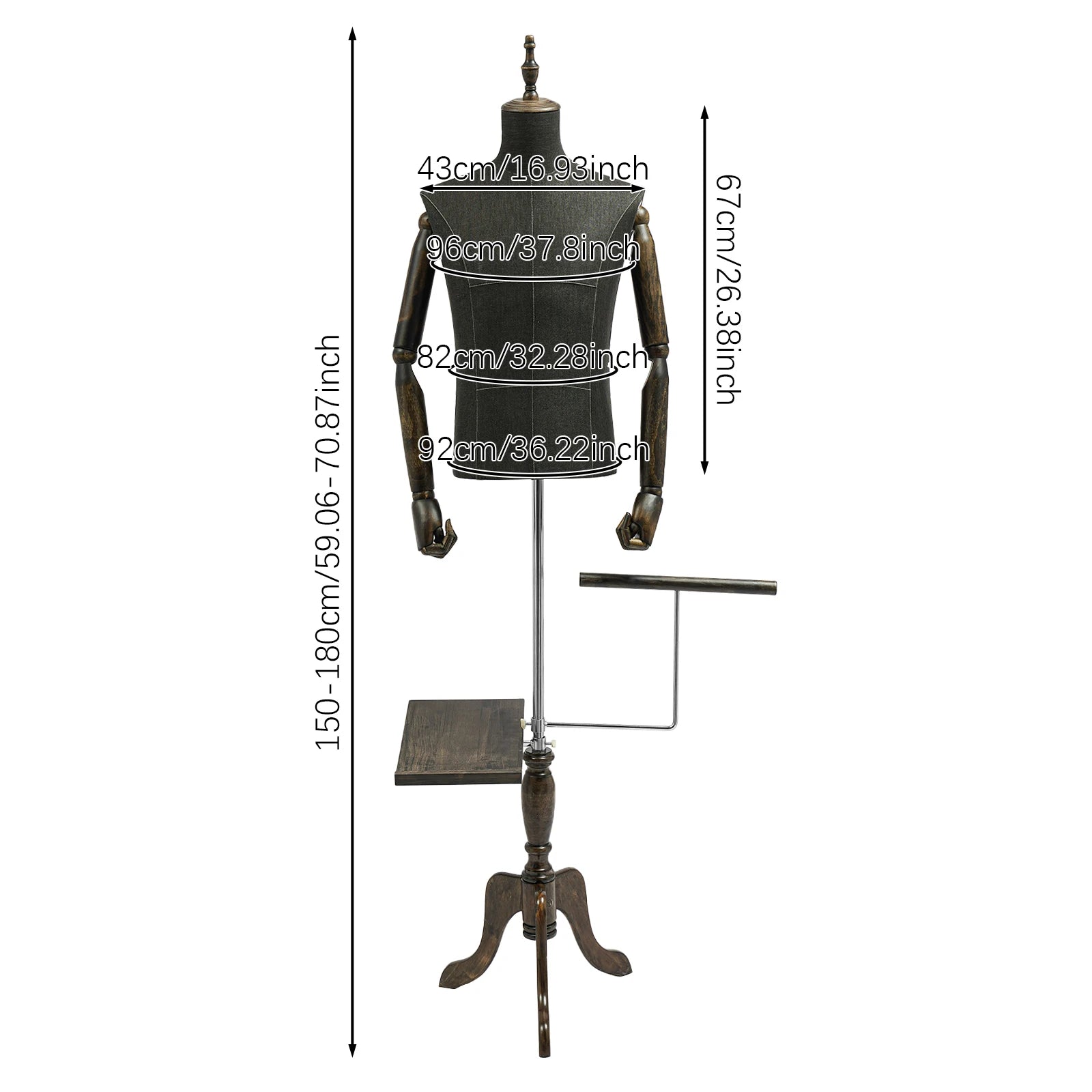 Mannenpaspop – Paspop Heren – Mannequin Halflichaam – Kledingdisplay – Modellenpop – Verstelbare Hoogte 150-180 cm – Hoofdloos Zwart - QUORE