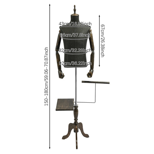 Mannenpaspop – Paspop Heren – Mannequin Halflichaam – Kledingdisplay – Modellenpop – Verstelbare Hoogte 150-180 cm – Hoofdloos Zwart - QUORE