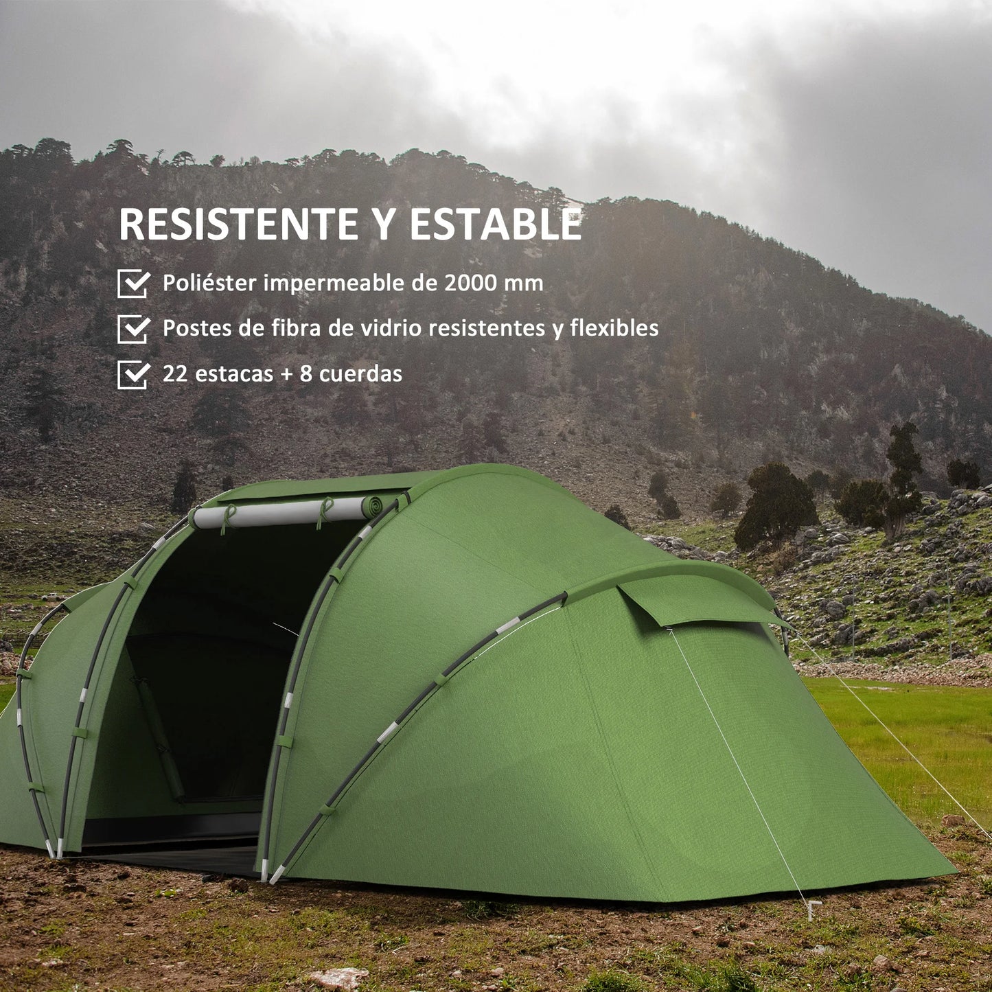 Tent – Kampeertent – Familie Tent – 6 Persoons Tent – Waterdicht 2000 Mm – Lichtgewicht Glasvezel Frame - 430 x 240 x 170 cm - Groen